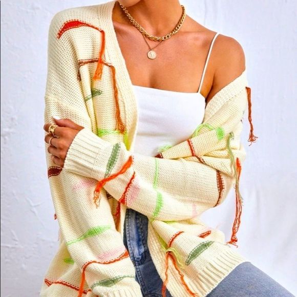 NWT! STRIPED PATTERN FRINGE DROP SHOULDER OPEN FRONT CARDIGAN IN CREAM! - Picture 6 of 12